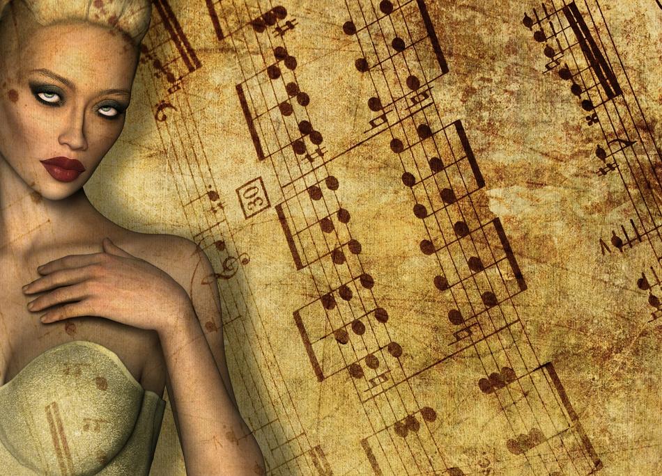 woman at vintage music sheet, digital art