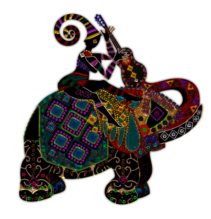 woman with guitar riding elephant, artwork, colorful glass