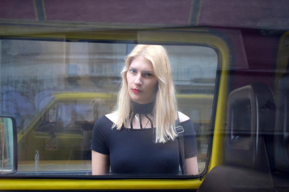 blonde girl and retro auto