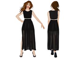 back and front view, woman in black long dress