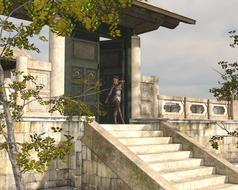 woman go building temple stairs