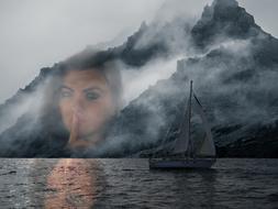 sea boat rocks woman reflection