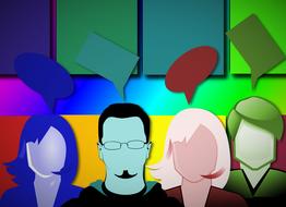 silhouettes of women and men on a colored background