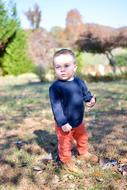 Cute toddler boy, on the meadow, among the colorful and beautiful plants, in light