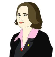 Portrait drawing of a woman in colorful shirt and black jacket at white background