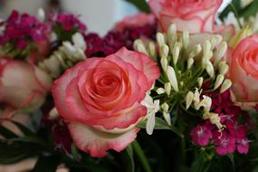 Roses and tiny white and red Flowers, bouquet, detail