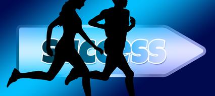 success, woman and man racing at pointer