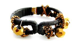 black leather bracelet with gold beads