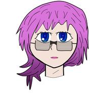 head of purple haired girl in glasses, graphic