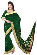 happy young Woman in Green and golden Sari at white background