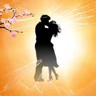 Black silhouette of the couple on the colorful background with the tree clipart