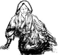 black and white sketch of a sitting japanese woman