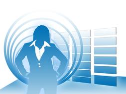 silhouette of a business woman on a background of circles and timetables