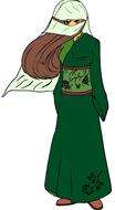 Colorful cartoon drawing of a veiled woman in green dress of different shades, on clipart