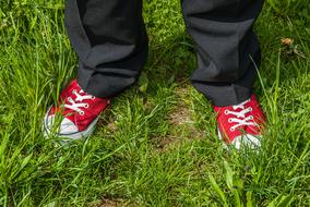 feet in Red sneakers with White laces on grass