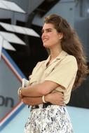 Beautiful Brooke Shields in colorful clothing, on the ship in 1986