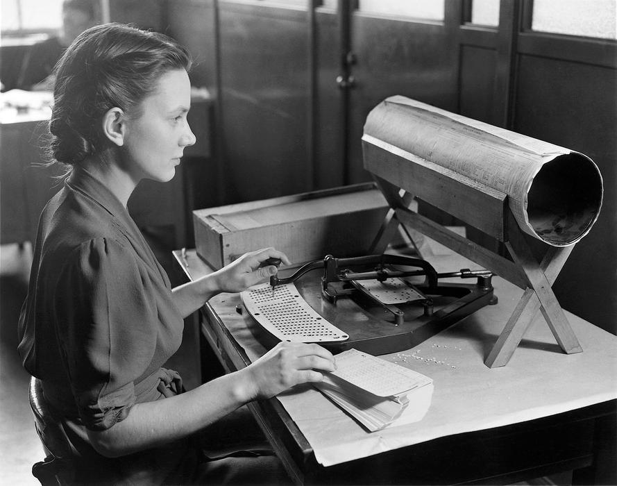 black and white, woman data processing on key punch