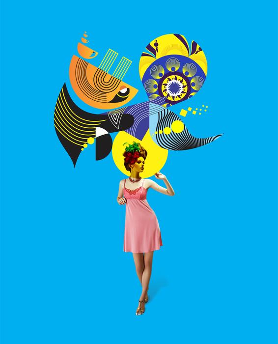 Woman in pink dress, at blue background with colorful shapes, clipart