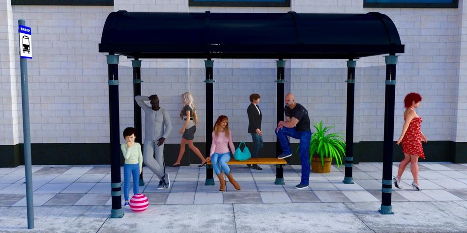 3d model of the bus stop with people and a plant, clipart