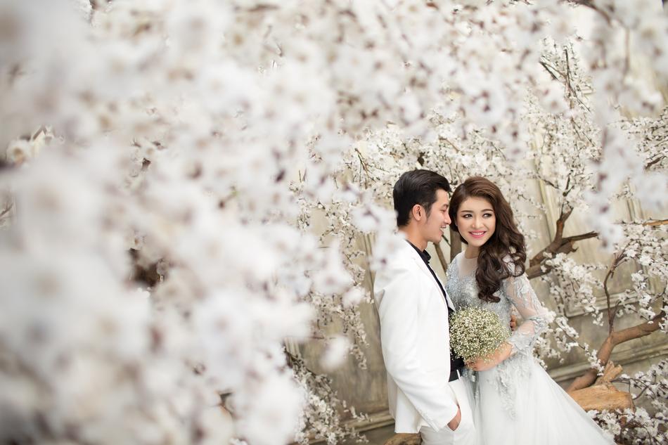 newlyweds on the background of white trees in the park