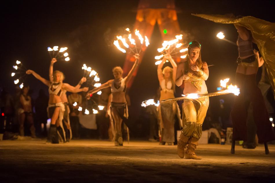 Fire Dancers, Artists on stage at night