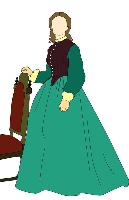 silhouette of a olivia oatman in a vintage green dress by the chair