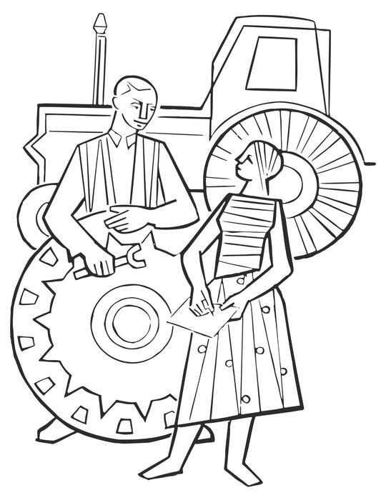 drawing of tractor and couple