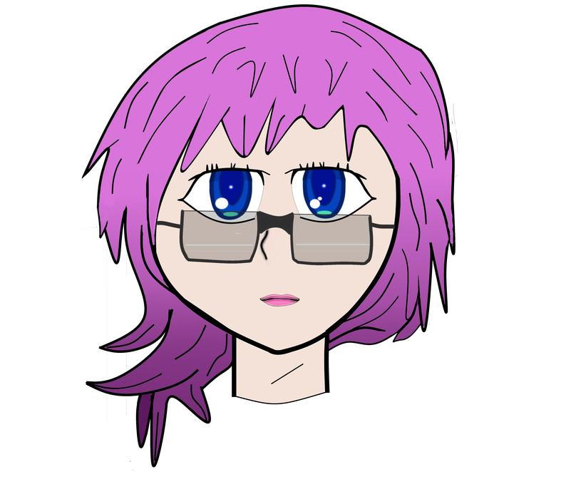 head of purple haired girl in glasses, graphic