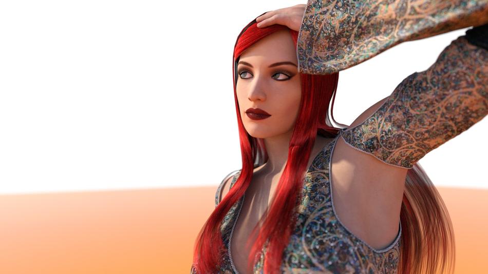 Beautiful, 3d graphic drawing of the beautiful girl with red hair, among the desert, in sunshine