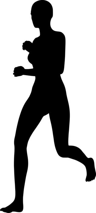 Black silhouette of a running female, at white background, on clipart