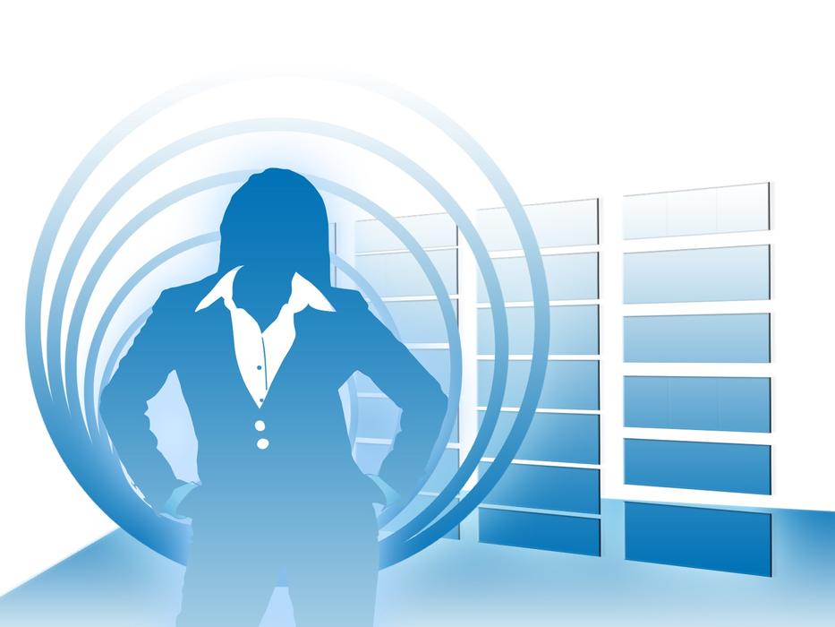 silhouette of a business woman on a background of circles and timetables