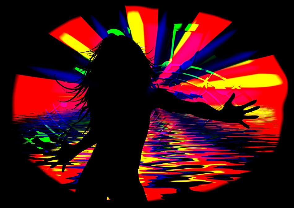 Silhouette off the girl, at colorful lights on background, at the disco, clipart