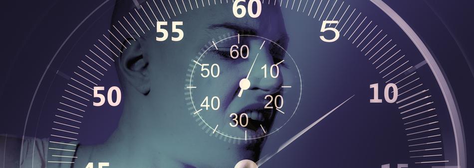 stopwatch against the background of a portrait of a young man