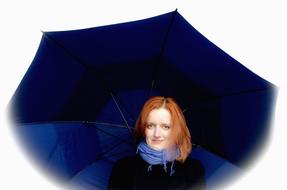 blue umbrella with red hair girl