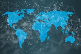 Blue and white World map, at blue background, clipart
