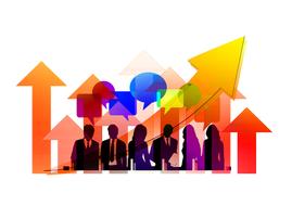 Silhouettes of the team and colorful arrows and message icons, on clipart