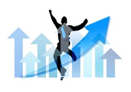 silhouette of a joyful man on the background of growing arrows