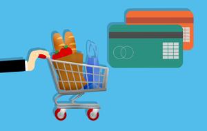 bank cards and shopping cart, credit market, drawing