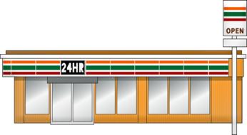 Colorful shop, with "24HR" banner, at white background, on clipart