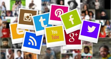 social media icons at human portraits, collage