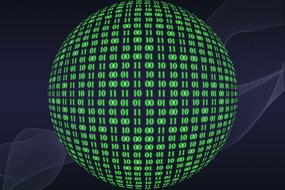 green binary code globe at dark background