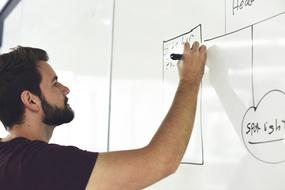 man draws a diagram on a blackboard