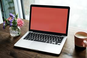 Laptop Computer, Coffee and bouquet at window