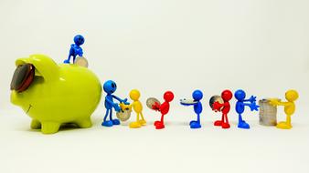 group of colorful abstract persons loading coins in Piggy Bank, Teamwork, render