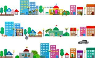 Colorful city buildings, plants and car, at white background, clipart