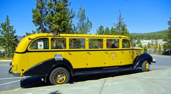Long yellow bus in Yellowstone Park