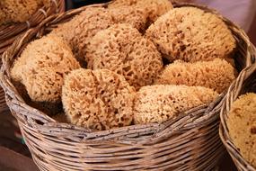 sea washcloths in a wicker basket