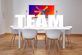 Team, white lettering on table, render