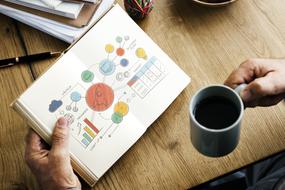 Person holding notebook with the colorful icons, and cup of coffee