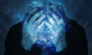 Headache, man with hands on Head, digital art